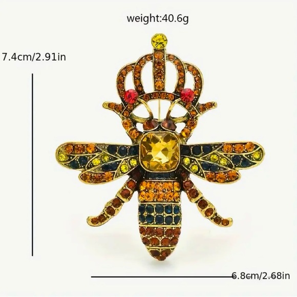 Crown Bee Brooch Pin with Rhinestones - Picture 9 of 9